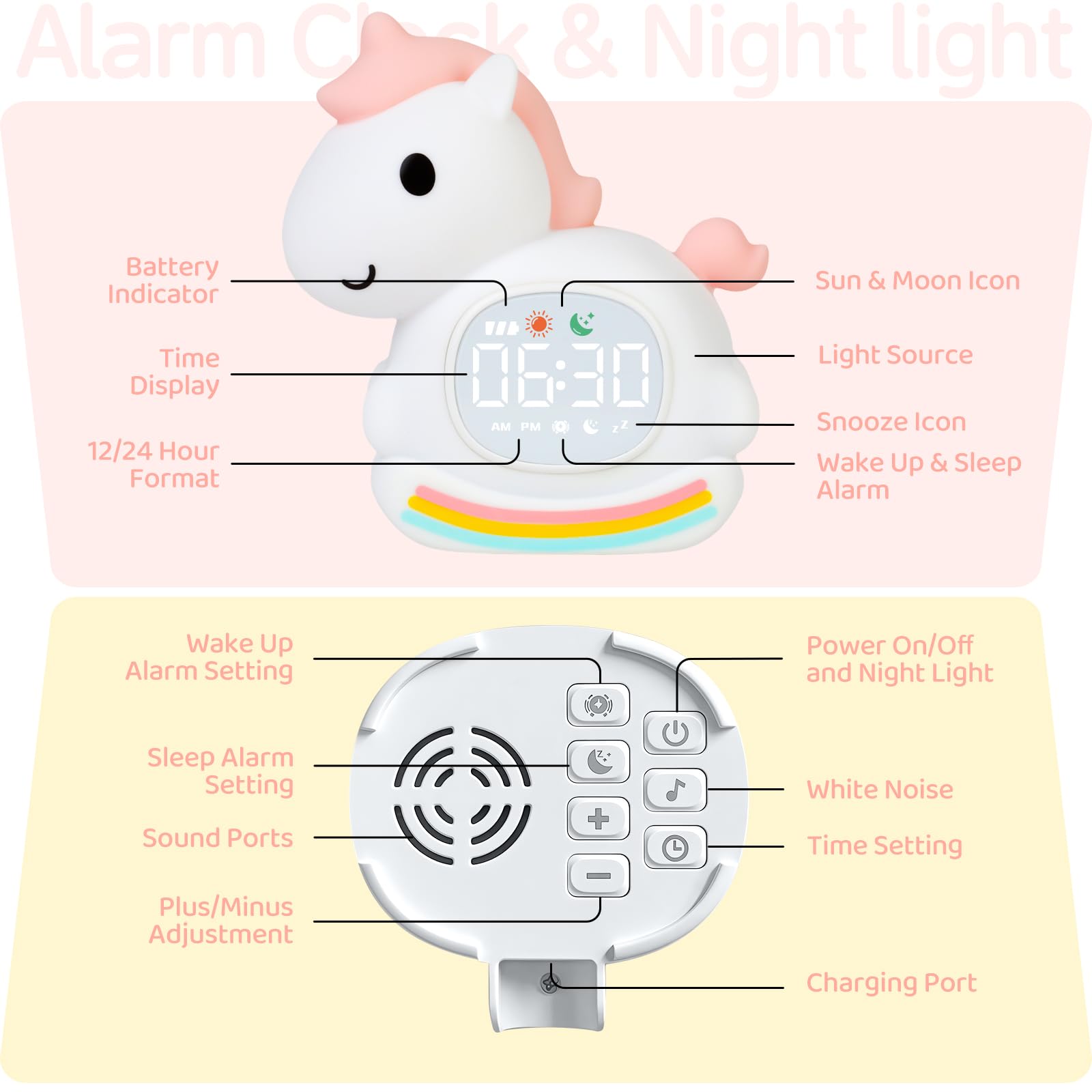 Yiliaw Rosa Pony Kinderwecker mit Nachtlicht – Schlaftrainer & Aufwachuhr, wiederaufladbare Silikonlampe für Schlafzimmer, Perfekter Schlafbegleiter für Jungen & Mädchen