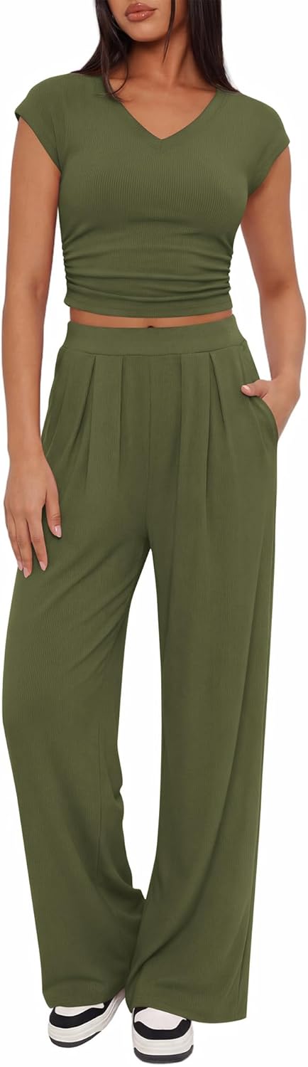 BTFBM Womens 2 Piece Outfits Spring 2026 V Neck Cap Sleeve Ruched Top Wide Leg Pants Sets Rib Knit Lounge Matching Set