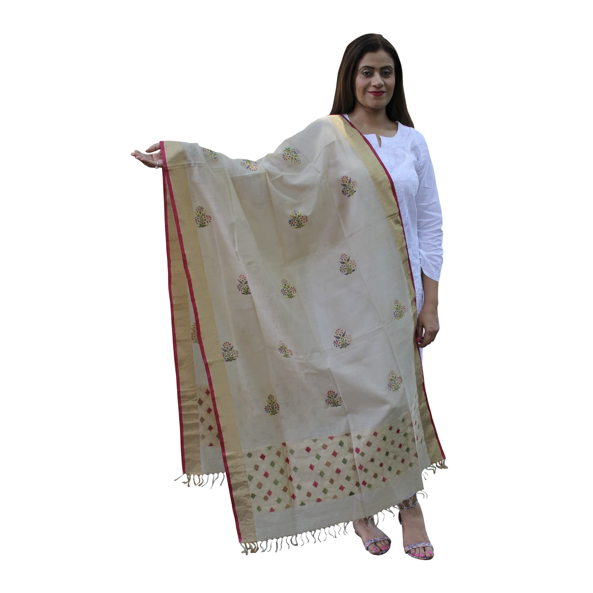 E S R AEsra's Handloom Banarasi Kora & Moonga Silk Zari Printed Mina Kadwa Butti Dupatta