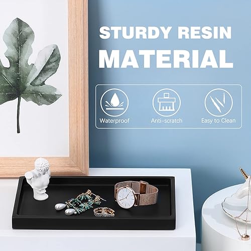 Miniatura 2 de Emibele Bandeja negra para baño, bandeja de resina para encimera, bandeja de almacenamiento de joyas, bandeja de tocador de cocina, inodoro, bandeja