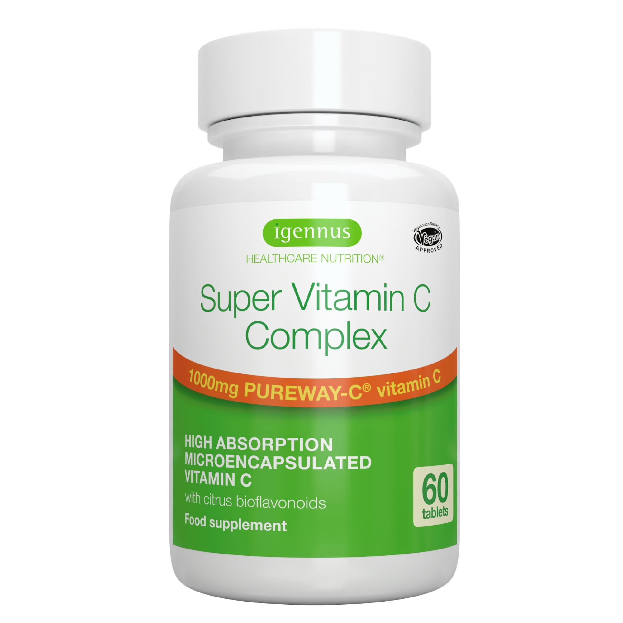 Pureway Super Vitamin C Komplex, 1000mg mikroverkapseltes Vitamin C + Bioflavonoide, hochdosiert, 24h Langzeitwirkung für das Immunsystem, Vegan, 60 Tabletten