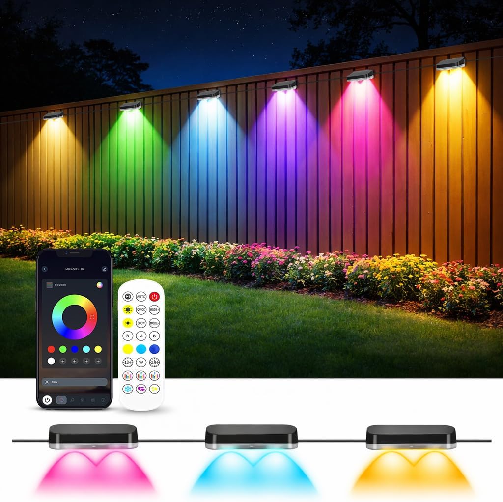 ZAIYW Outdoor Fence Lights 50ft 8 Pack, Smart RGB Build in Chip Color Changing Deck Lights with Timer Remote APP, Plug in LED String Lights Waterproof for Backyard Garden Patio Decor
