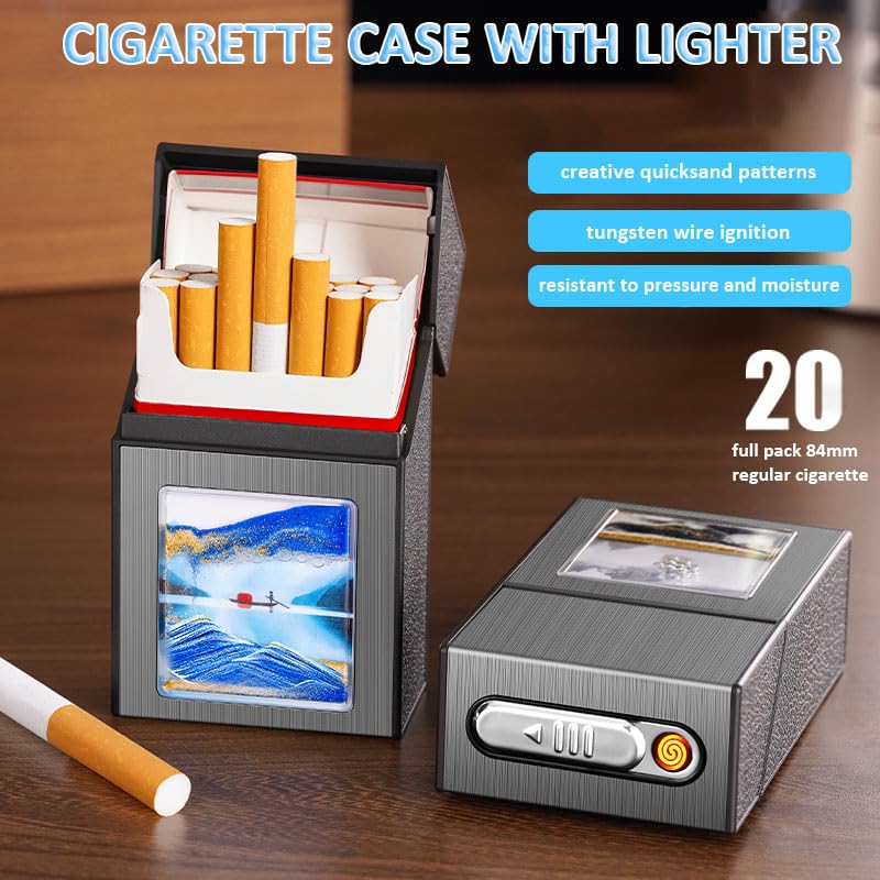 Cigarette Case with Lighter,Full Pack 20 Regular Size Quicksand Cigarettes Box Holder Built in Electric Rechargeable Lighter, Gift for Women & Men (Black-Man) image 3
