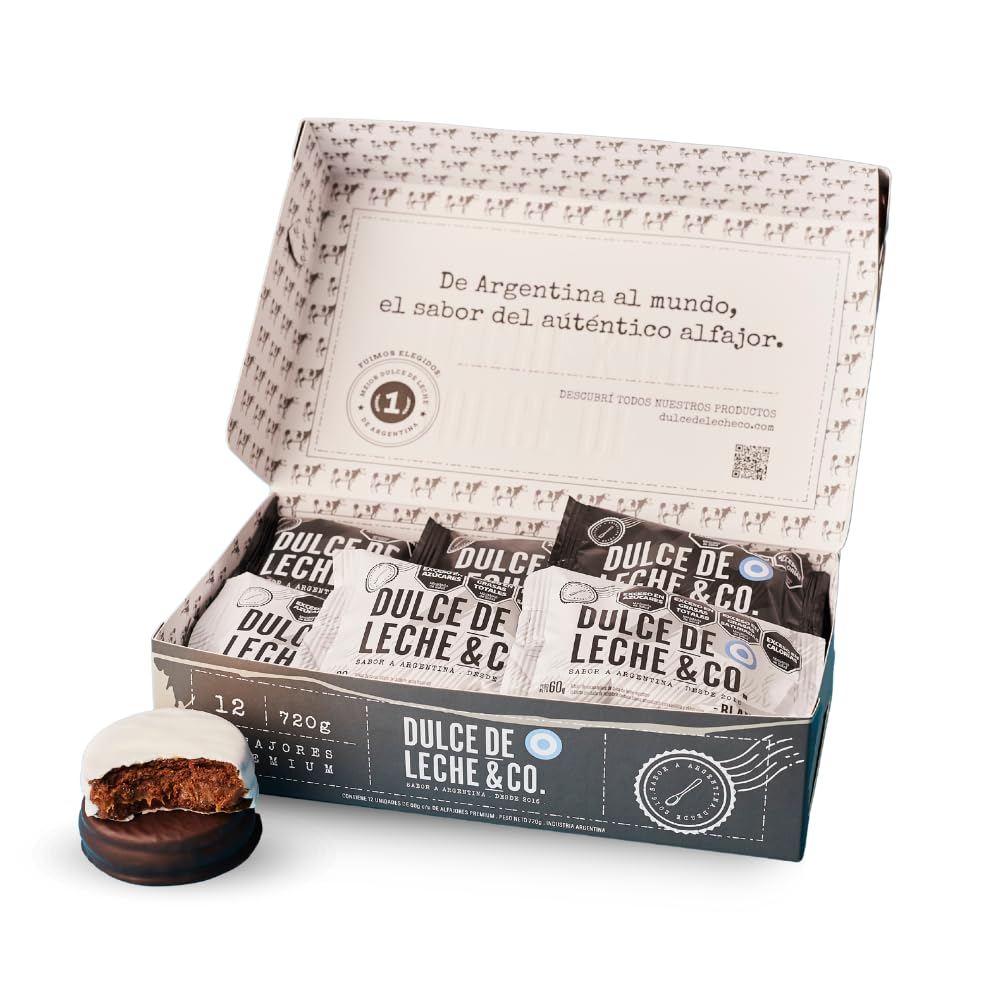 Dulce de Leche & CO. Alfajores Premium DDL&CO Box X 12 units. (Mixed) 6 Black and 6 White Chocolate - Made in Argentina (1 Pack)