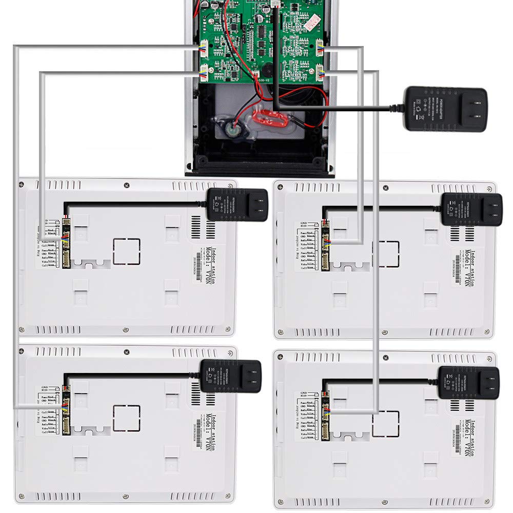OBO HANDS Kit da 7 "RFID Cablato 4 Monitor Interni + 700TVL IR Telecamera Esterna per Visione Notturna Supporto ad Alta Risoluzione 500 Utenti RFID per 4 Appartamenti/Famiglie