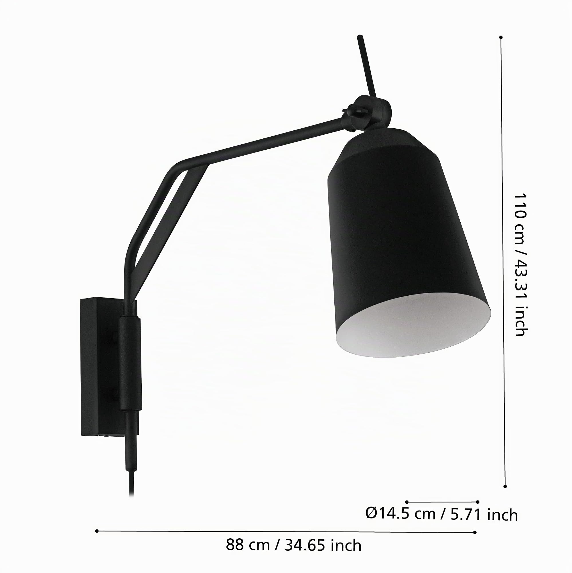 Eglo lampada da parete Loreto, luce per interni con interruttore | e spina, applique con braccio orientabile, illuminazione da ingresso in metallo in bianco e nero, attacco lampadina E27