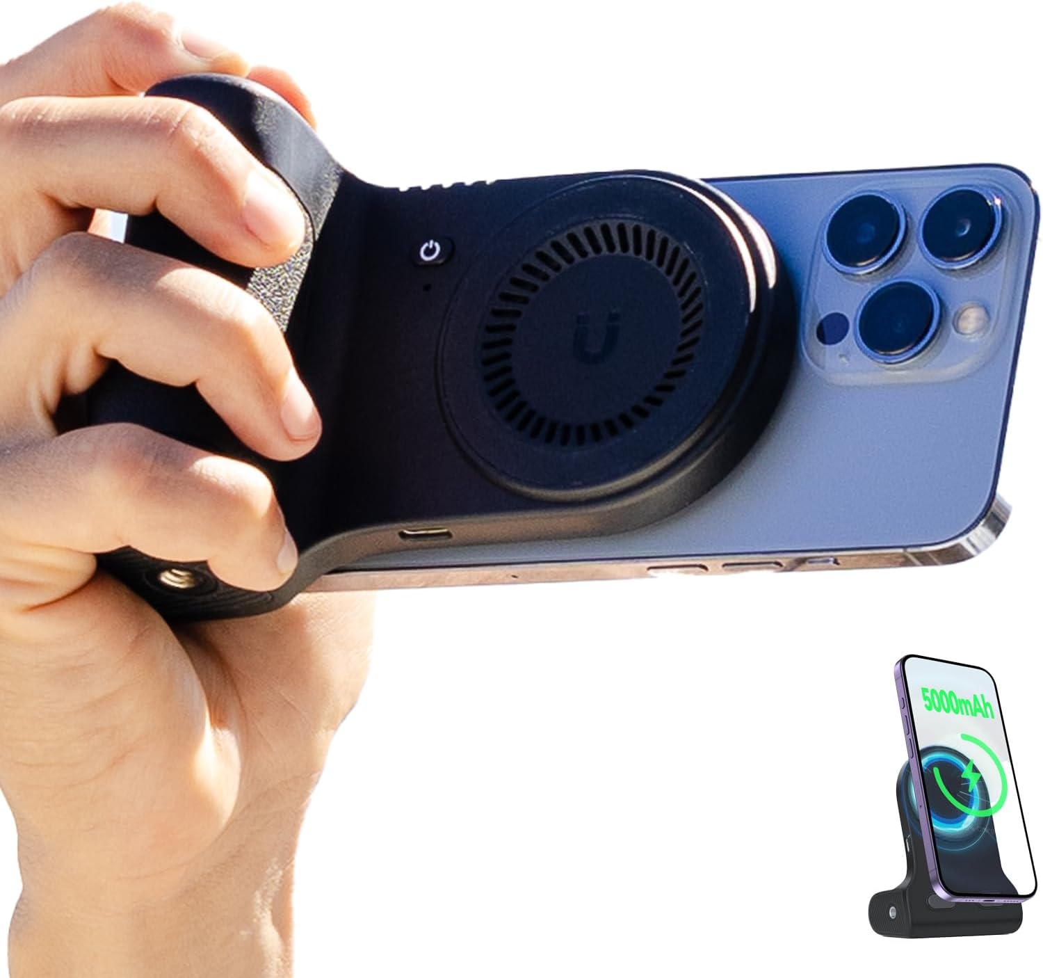 Magnetic Phone Stand Camera Grip with Wireless Charging & Bluetooth Shutter, Stand for iPhone, Ergonomic Handle for Vlogging, Selfies & Video Calls
