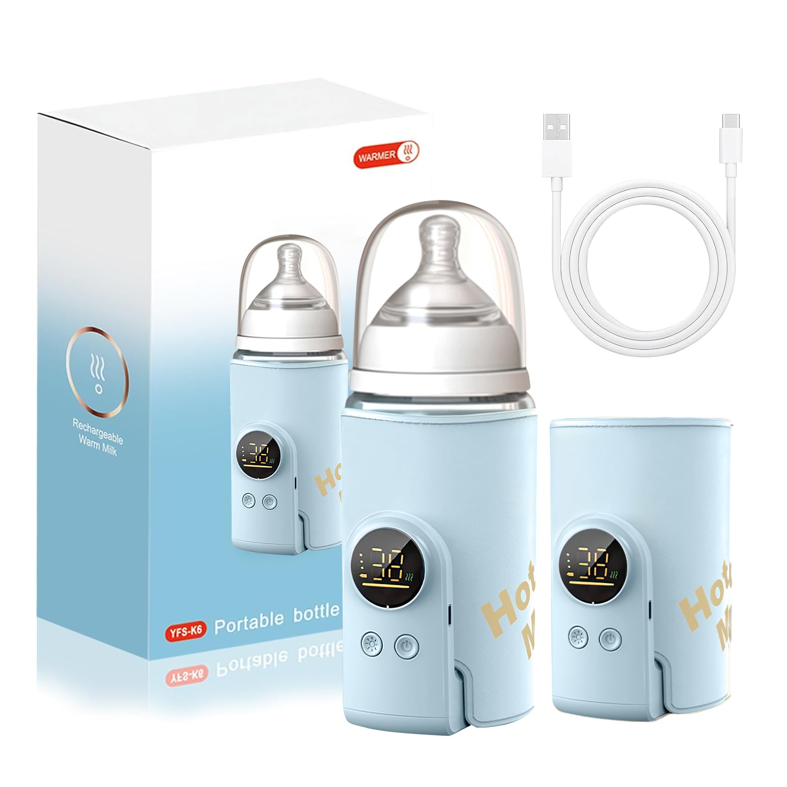Scaldabiberon per Bambini, Scaldabiberon Portatile, Per Viaggi con Display LCD Ricarica USB Scaldabiberon 6 Temperature Regolabili 38-50℃ Scaldabiberon per Latte Materno Borsa per Viaggi e Casa (Blu)