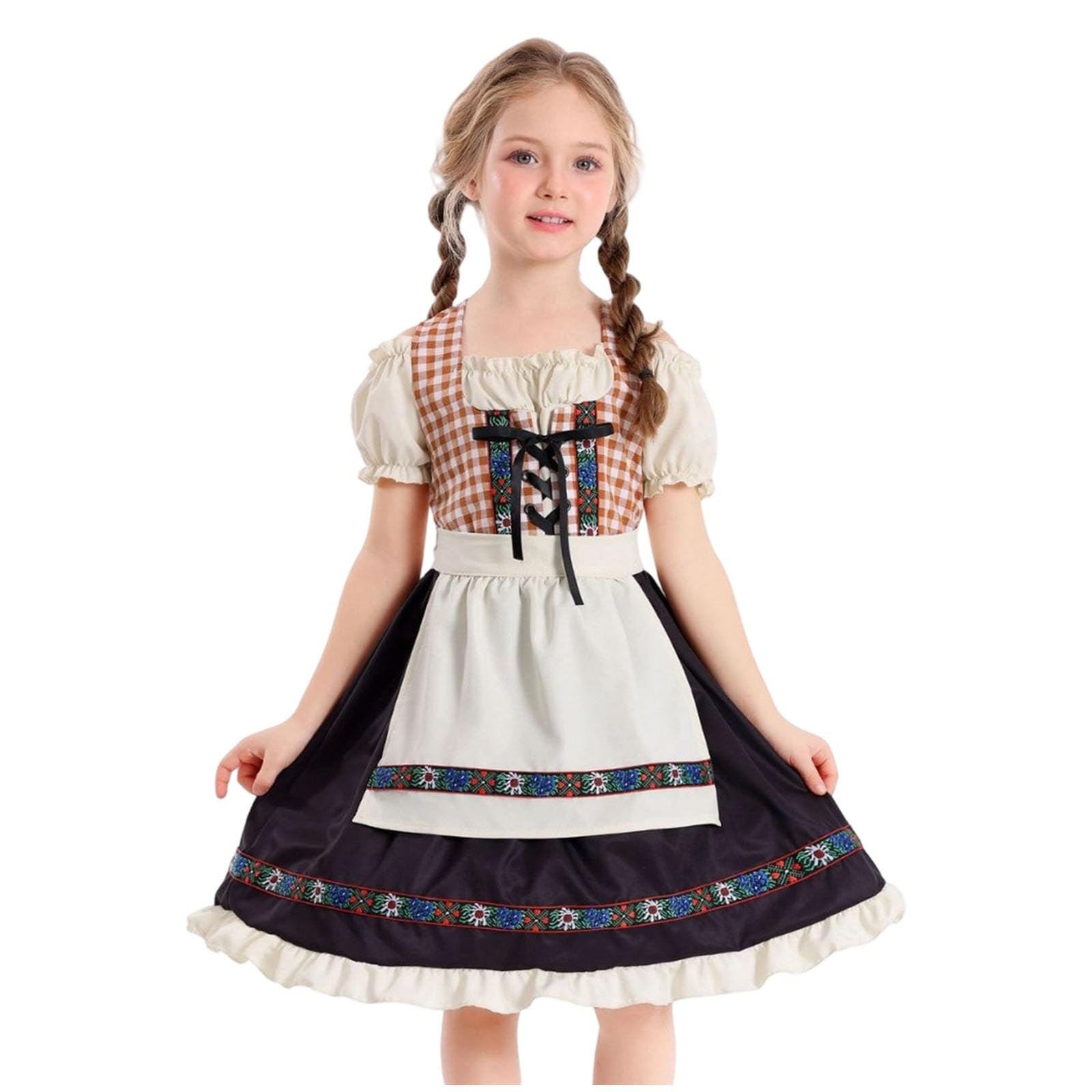 Child German Traditional Bavarian Dresses Ethnic Beer Festival Outfit Girls Checked Puff Sleeve Dress Floral Trim Apron 2pcs Princess Girl Festival Costume Fancy Dress For Carnival Halloween Party