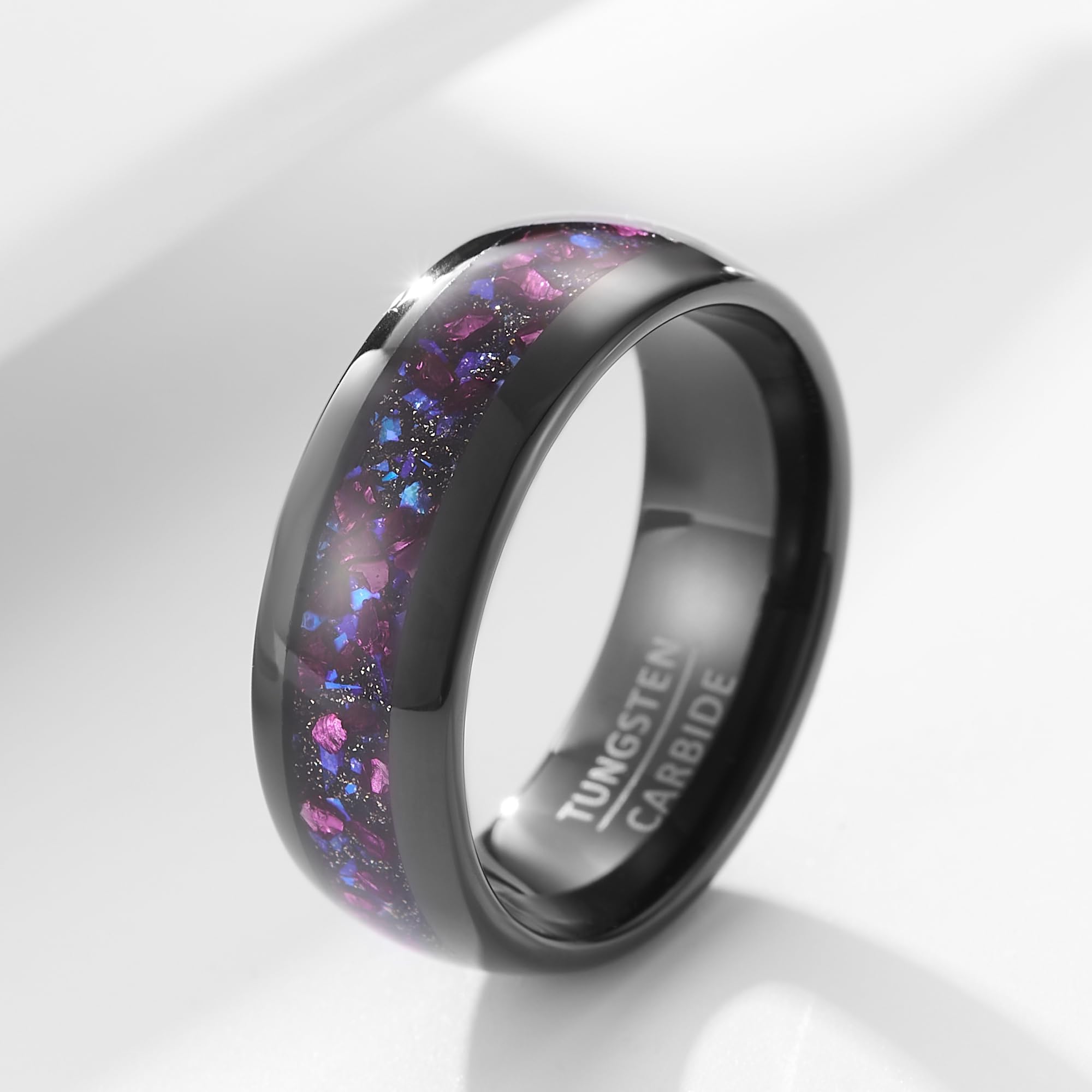 Anello Donna in Tungsteno Nero Larghezza 8mm con Intarsio Multicolore Effetto Opale - Fascia per Matrimonio o Statement (Misura USA)