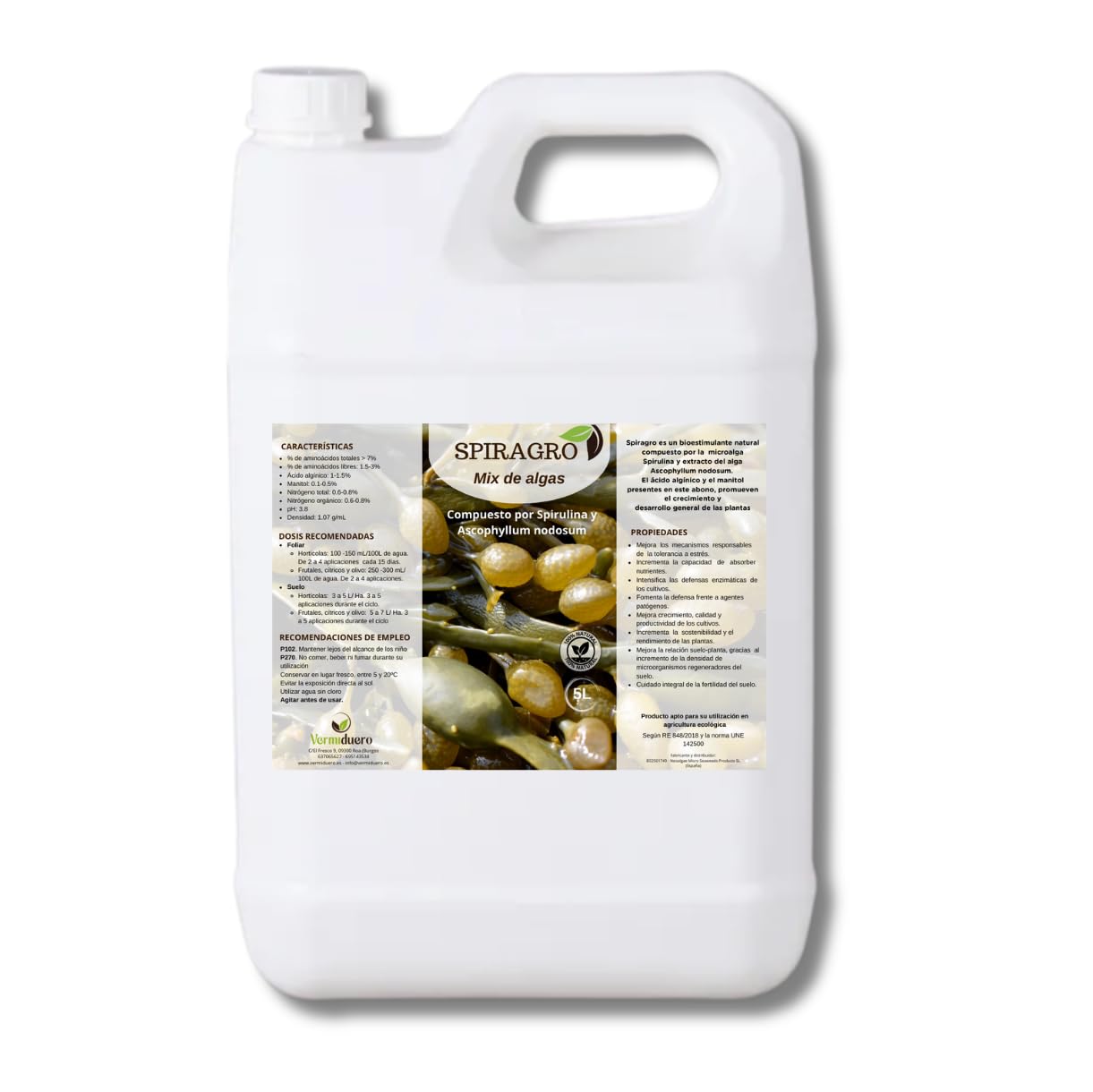 Fertilizante Spiragro Mix Algas, Nutrición Equilibrada con Spirulina y Ascophyllum nodosum, Sostenible (5L)