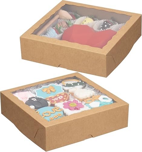 Miniatura 9 de 50 cajas de panadería marrones de 9 x 9 x 2.5 pulgadas con ventana, cajas para tartas, cajas de galletas, cajas de fresas cubiertas de chocolate,