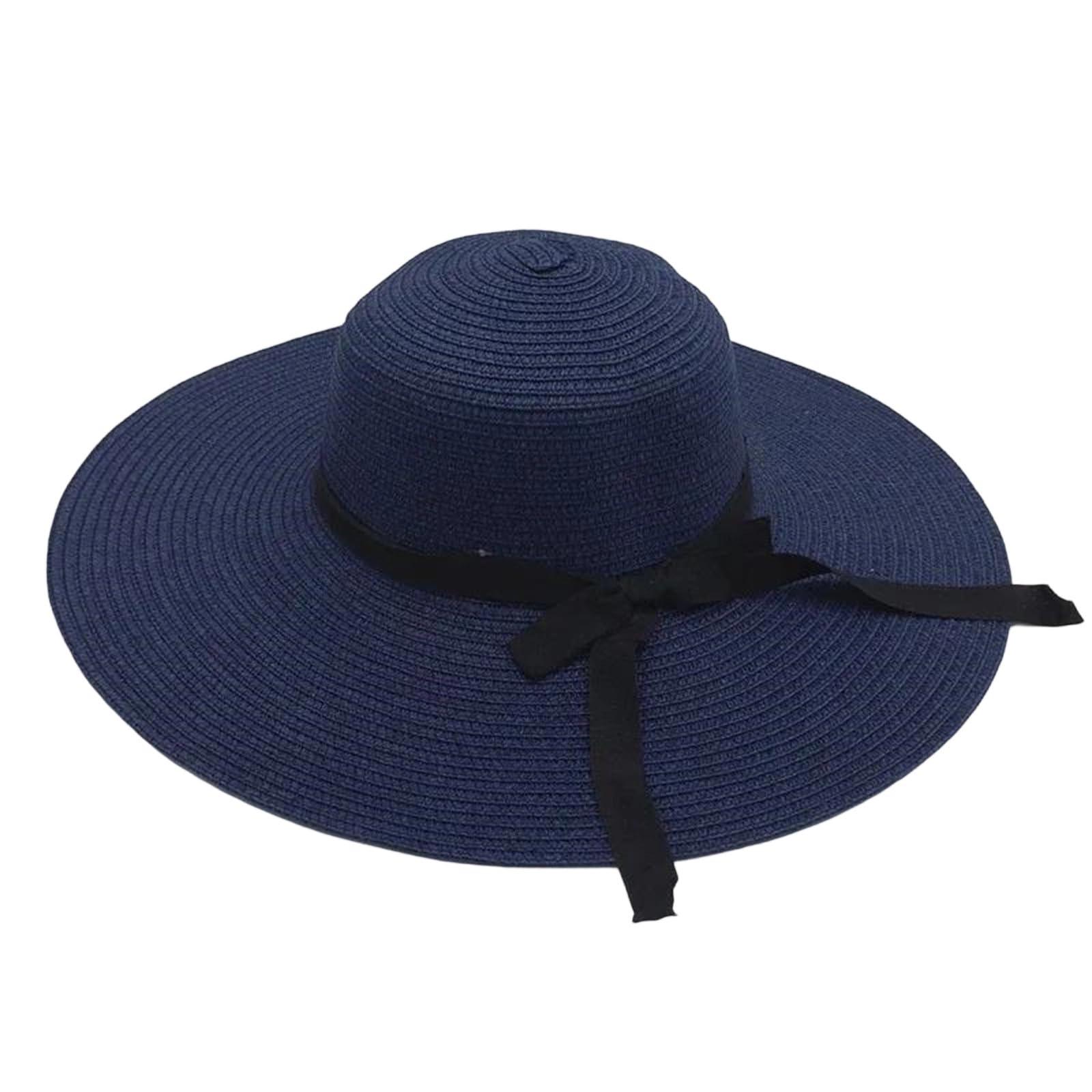 EYRMQWJPC Wide Brim Sun Hat, Women's Straw Sun Hat Wide Brim 11-14cm Protection Multicolor Beach Travel Summer(Ribbon Navy Blue,Brim 11cm)
