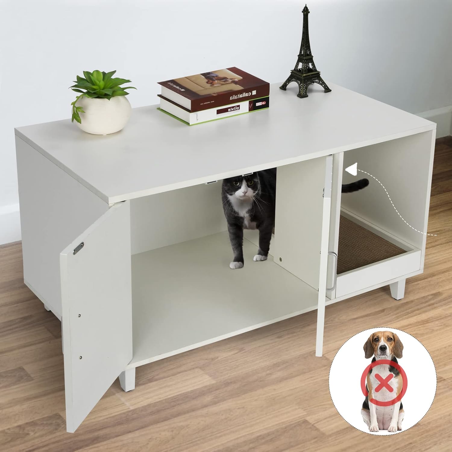 RichYa Cat Litter Box Enclosure, Modern Wood Pet Crate Cat Litter Box Furniture Hidden Cat Washroom Furniture House Table Nightstand with Cat Scratch Pad (White)