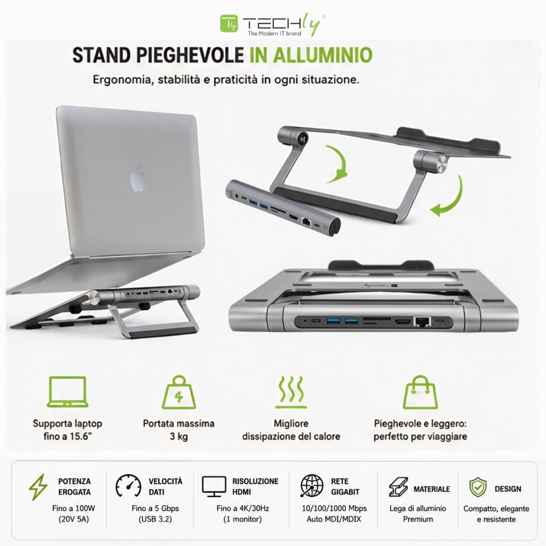 Techly 368314 Docking Station USB-C™ 9 in 1 Hub USB3.2 Stand per Notebook Pieghevole Silver