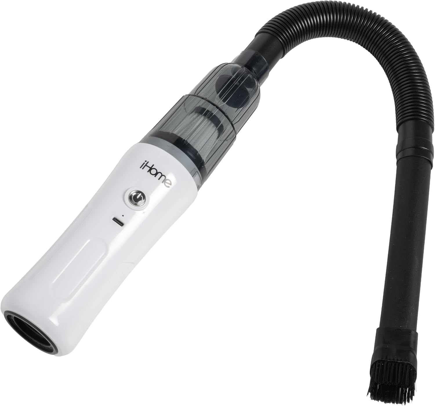 iHome HandVac CV15 main unit with flexible extension hose and brush attachment connected to the suction port.