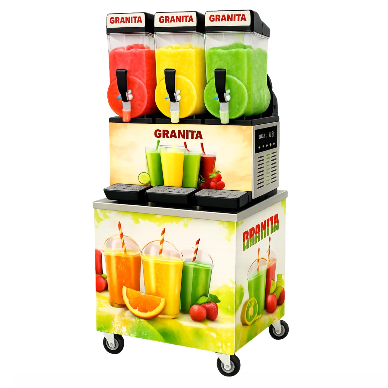 Machine à Granita Professionnelle 3 × 15 L avec Chariot - Granité/Slush - Éclairage LED - Gaz R290-1200 W