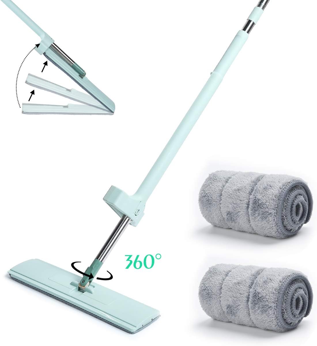 Mop Floor Cleaning AMZLIFE Microfiber Mop Squeeze Flat Mop 360 Rotation Spin Mop Wet/Dry Floor Cleaning Hand Wash Free, 2 Reusable Mop Pads with Ultra Long Stainless Steel Handle for Home/Office
