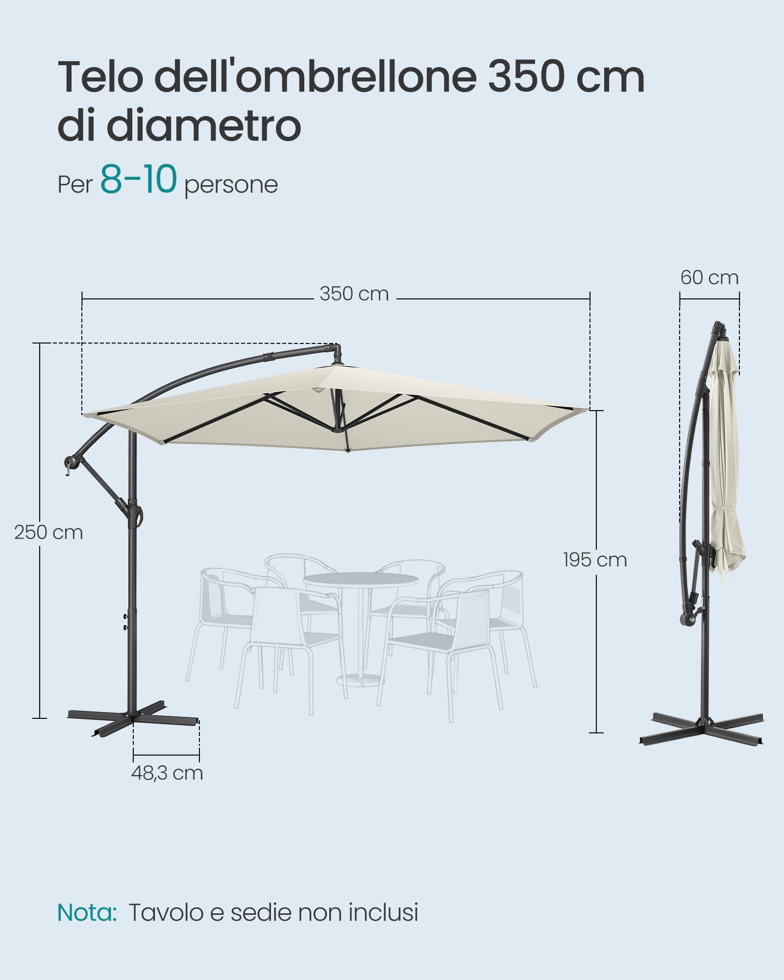 SONGMICS Ombrellone a Braccio, Ombrellone da Balcone con Base, Protezione Solare, Anti UV UPF 50+, con Manovella per Apertura e Chiusura, per Terrazza, Giardino