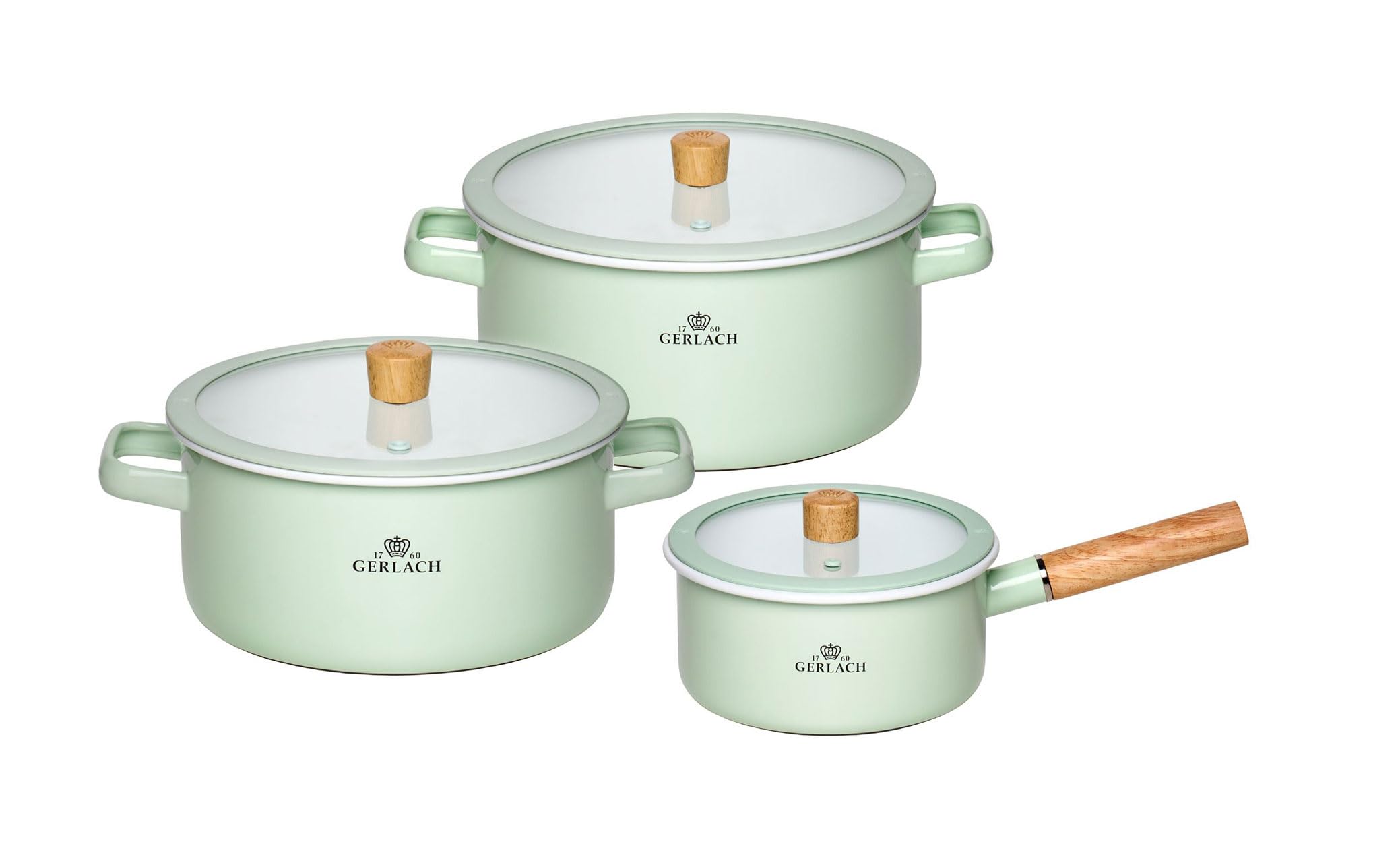 Gerlach Green 1760 Saucepan Set - 2 Pots 3 L 5 L - 1 Casserole 2 L - Enamel Pot - All Types Of Cookers - Tempered Glass Lid - Pastel Natural Enamel