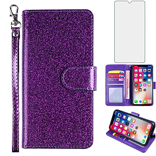 Asuwish Compatible with Samsung Galaxy S6 Edge Plus Case and Tempered Glass Screen Protector Cell Card Holder Slot Kickstand Glitter Wallet Phone Covers for Glaxay S6edge + S 6edge 6s 6 Edge+ Purple