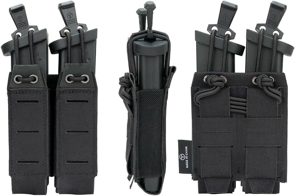 Double 9mm Pistol Mag Pouches MOLLE Magazine Holder Utility Holster Pouch with Elastic Side Anti Slip Loop Panel