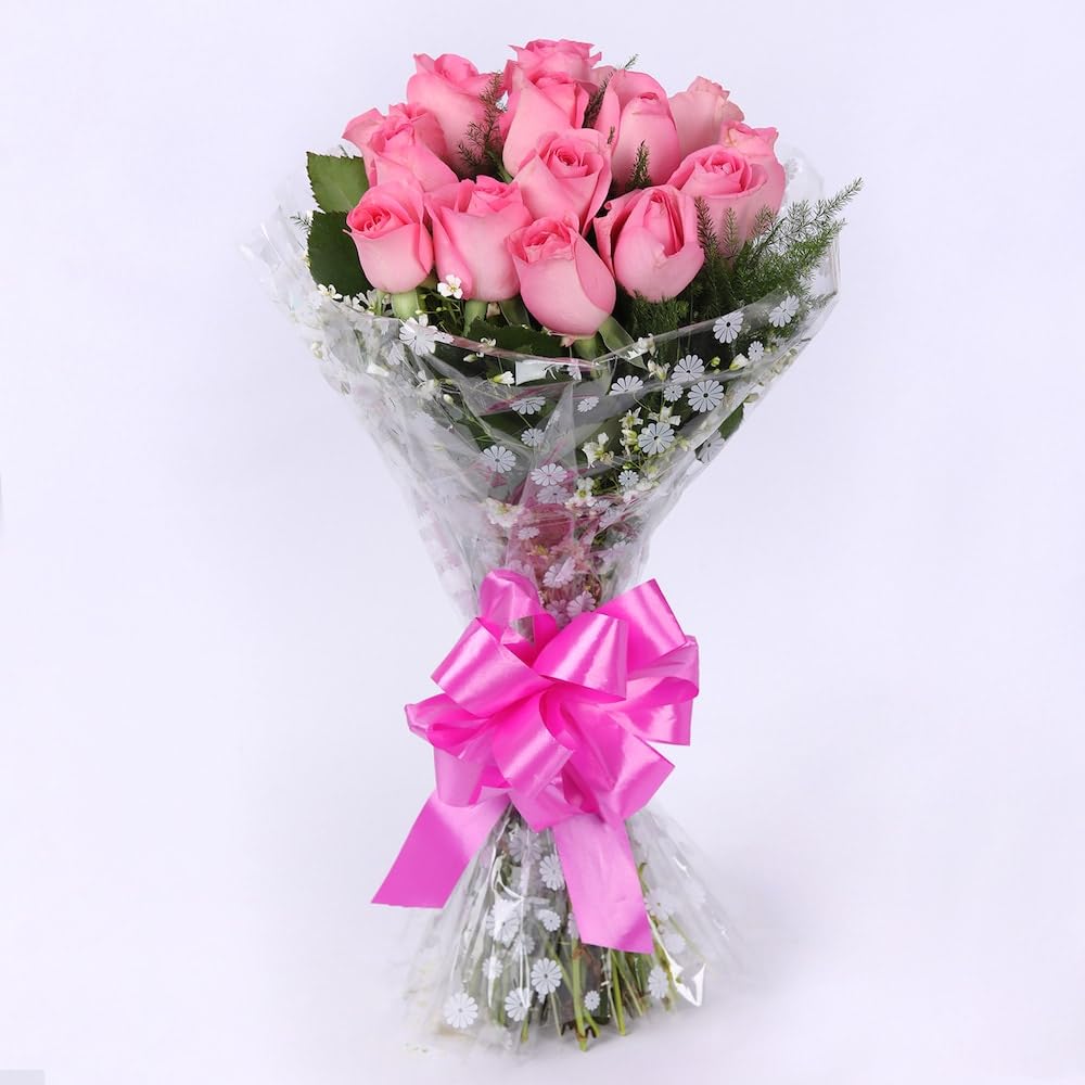 Fresh Flowers Bouquet of 08 Pink Roses in Cellophane Wrapping - Gift for All Occasions