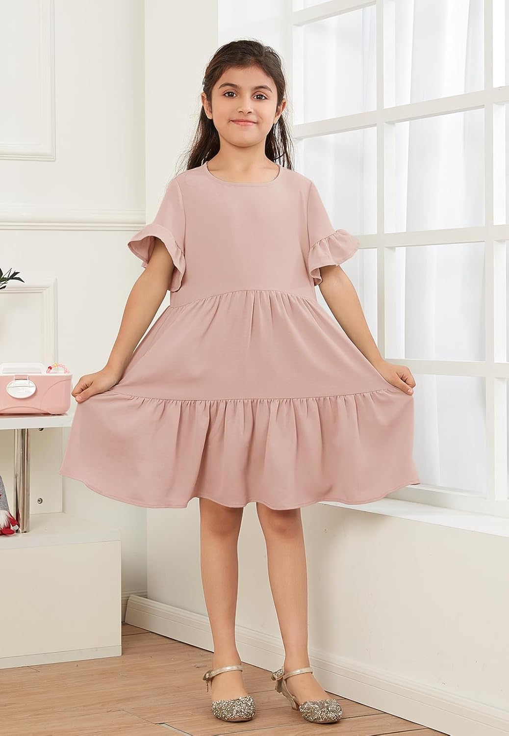 Geckatte Girls Dresses Summer Casual Floral Print Ruffle Short Sleeve Tiered Pleated Kids A-Line T-Shirt Dress Size 5-14 - Image 5