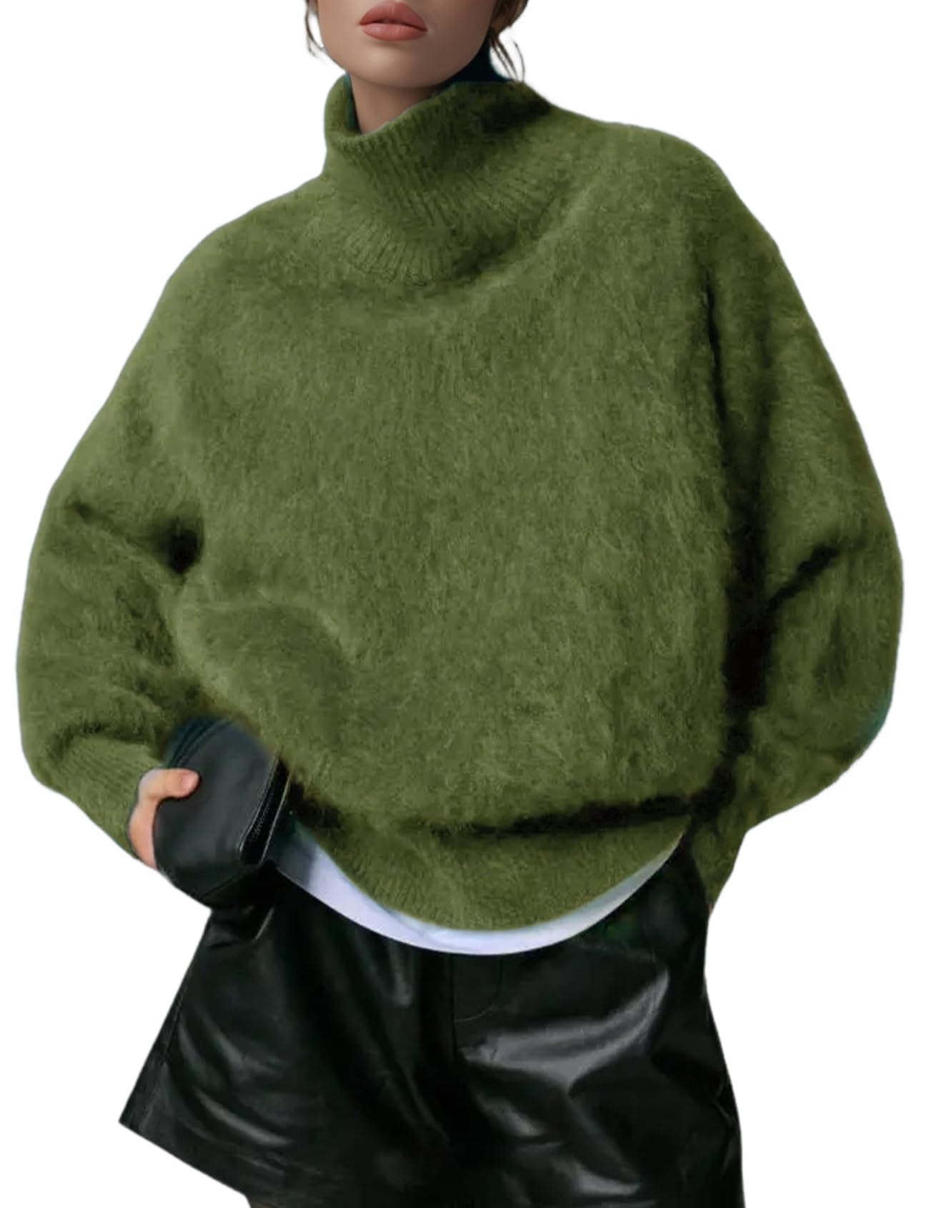 Wyeysyt Rollkragenpullover für Damen, übergroß, flauschig, gestrickt