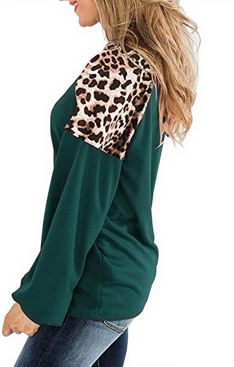 Womens Leopard Print Long Sleeve Shirts Fall Casual Crewneck Color Block Tops Sweatshirts - Image 3