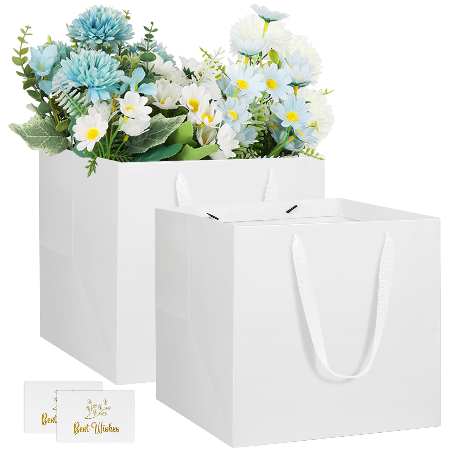 NAHRMY 2 Pack Medium Gift Bags with Cards, White Square Gifts Paper Bag for Presents small Luxuries Cake Wedding Graduation Birthday Party 20 x 20 x 20 cm