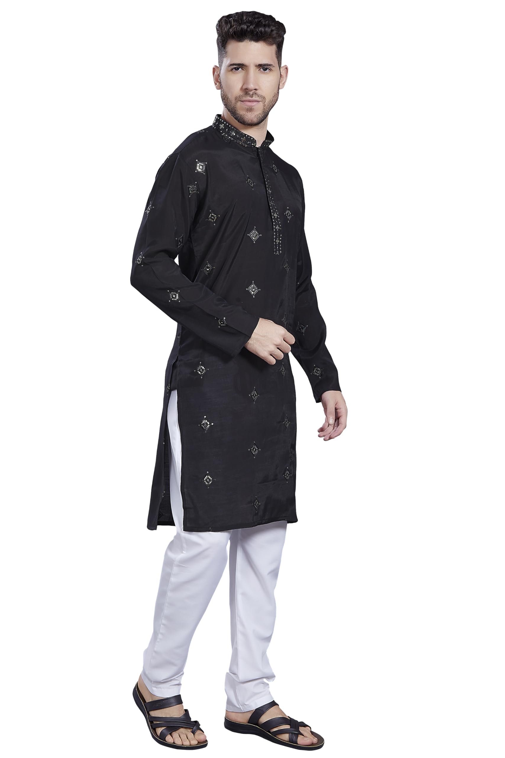 Divisive Men's Embroidered Silk Blend Only Slim Fit Kurta (Dkrt821_Xl_Black)