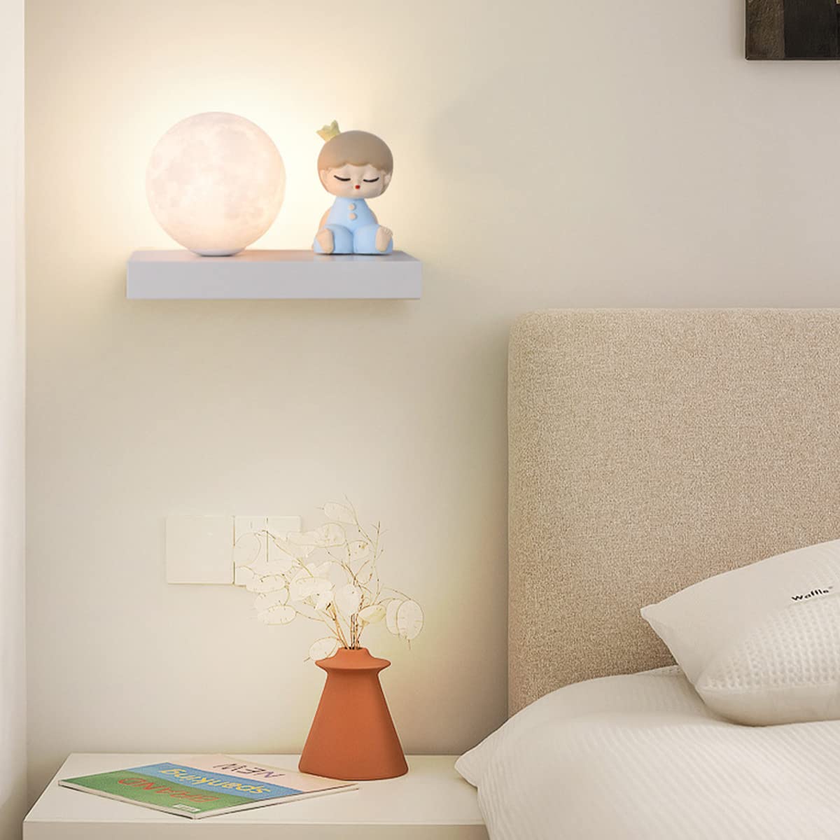 7W LED Lampki nocne Sypialnie dziecięce Lampa księżycowa 3D Naścienne Lampki do czytania dla dzieci 3 Temperatura barwowa, żarówka G9 Baby Boy Girls Kinkiet do pokoju dziecięcego z metalową półką, bia
