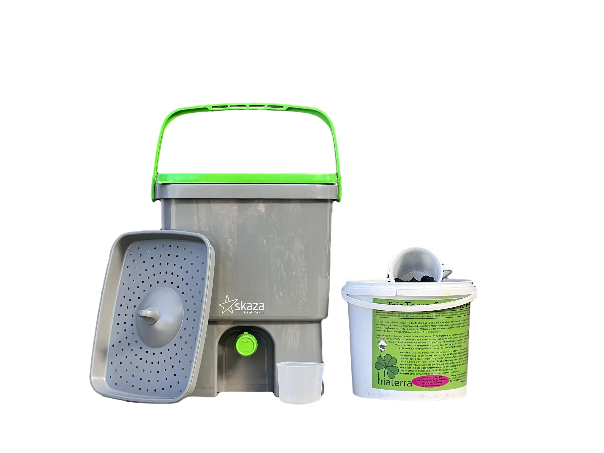 Bokashi-Eimer-16l + 5l-TriaTerra-Streu Terra Preta-Küchenkompost (grau/grün)