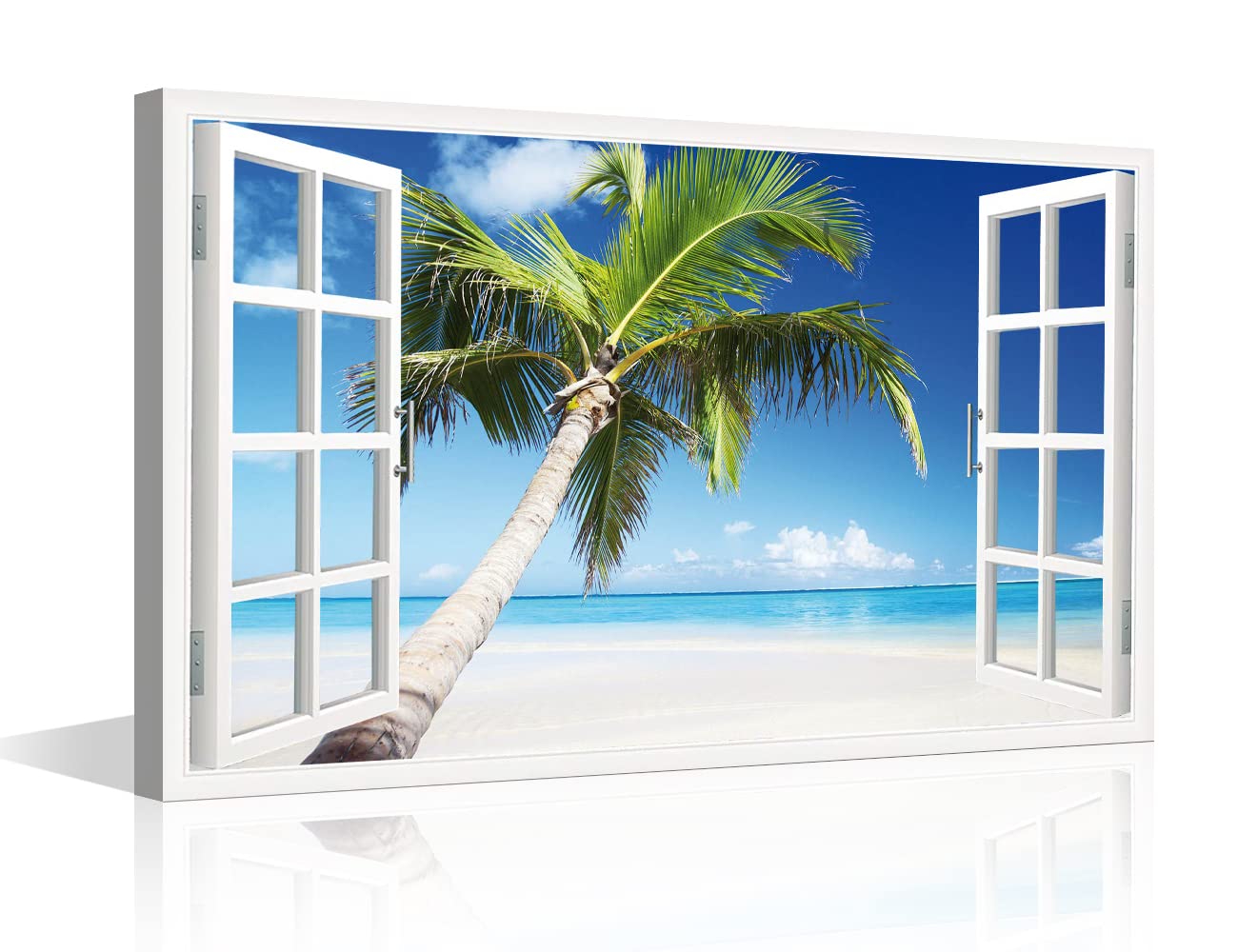 Canvas Wall Art Window View Tropical Beach Palm Tree Island Paradise Nature Wilderness Photography Realism Landscape Multicolor for Living Room, Bedroom, Office Framed Ready to Hang (18"W x 12"H) โ image 1