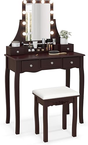 Miniatura 9 de CHARMAID - Mesa de tocador con espejo y luces, mesa de maquillaje con 5 cajones de almacenamiento, 3 modos de iluminación de color, brillo