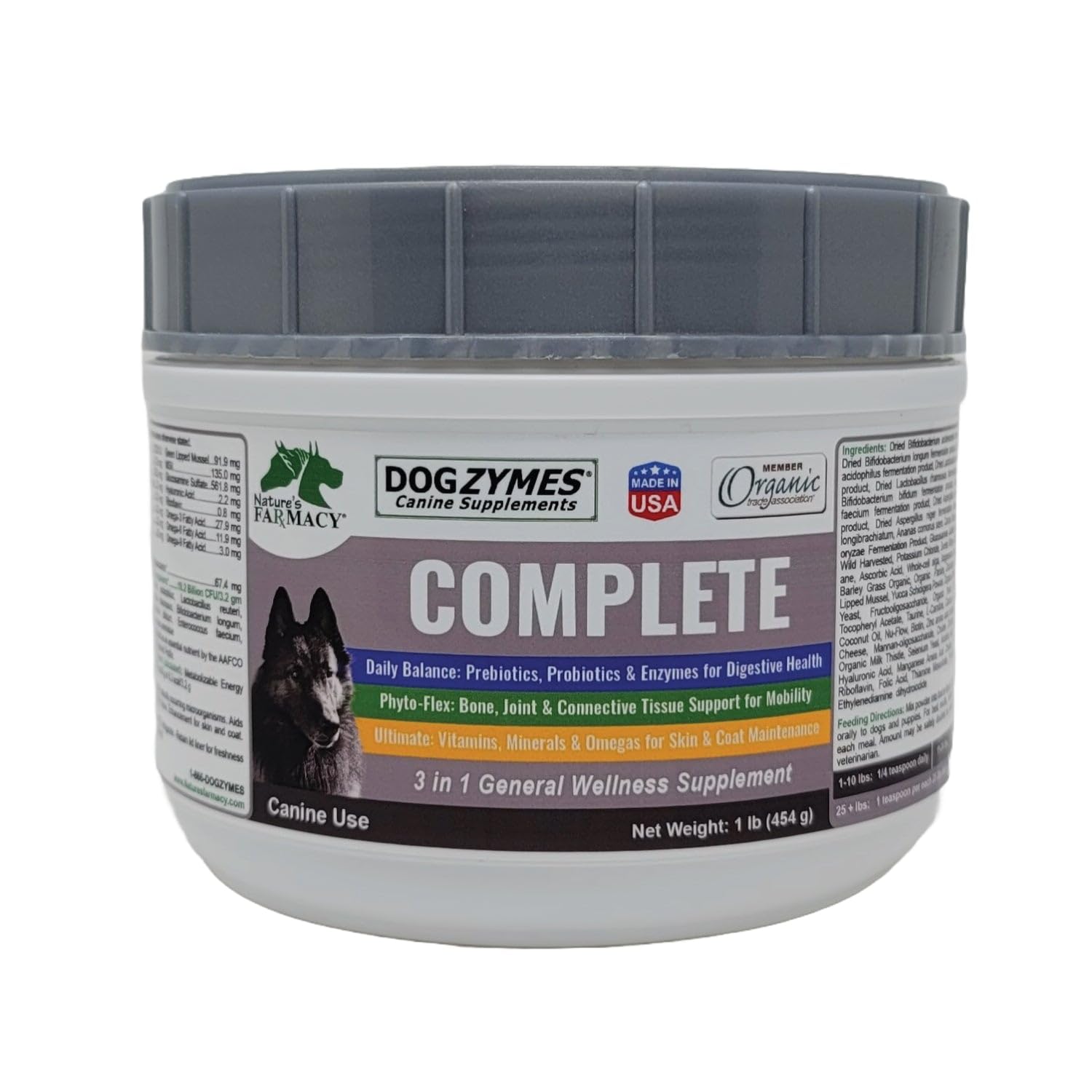 Dogzymes Complete - Probiotics, prebiotics, Glucosamine, Chondroitin, MSM and Hyaluronic Acid, Complete Skin and Coat Care (1 Pound)