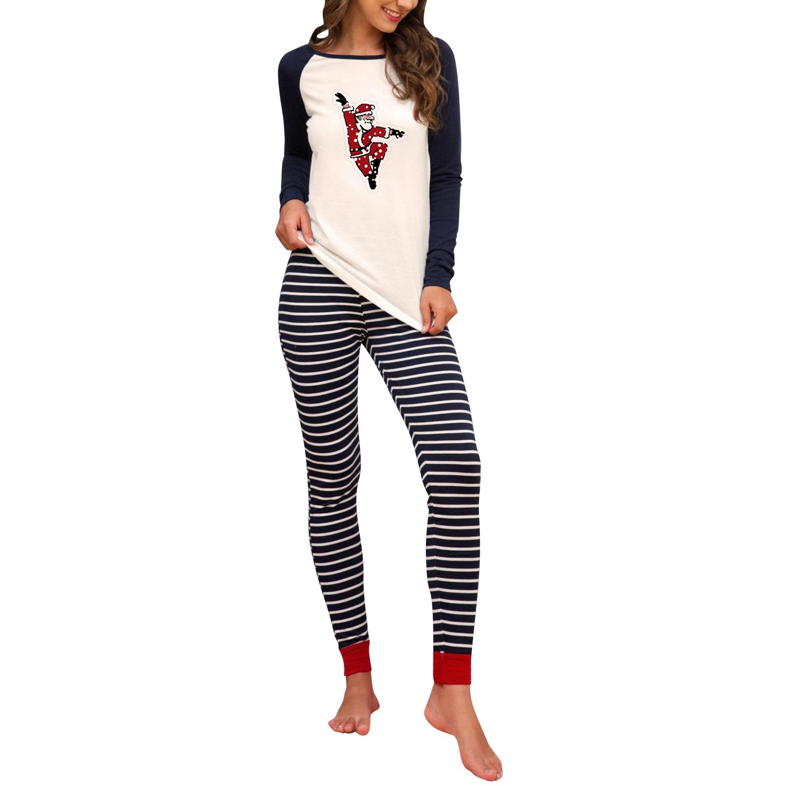 Generisch 2 Piece Christmas Pyjamas for Women Spliced Long Sleeve Tops Funny Santa Graphic Sleepwear Striped Print Pants Soft Loungewear Pajama Set