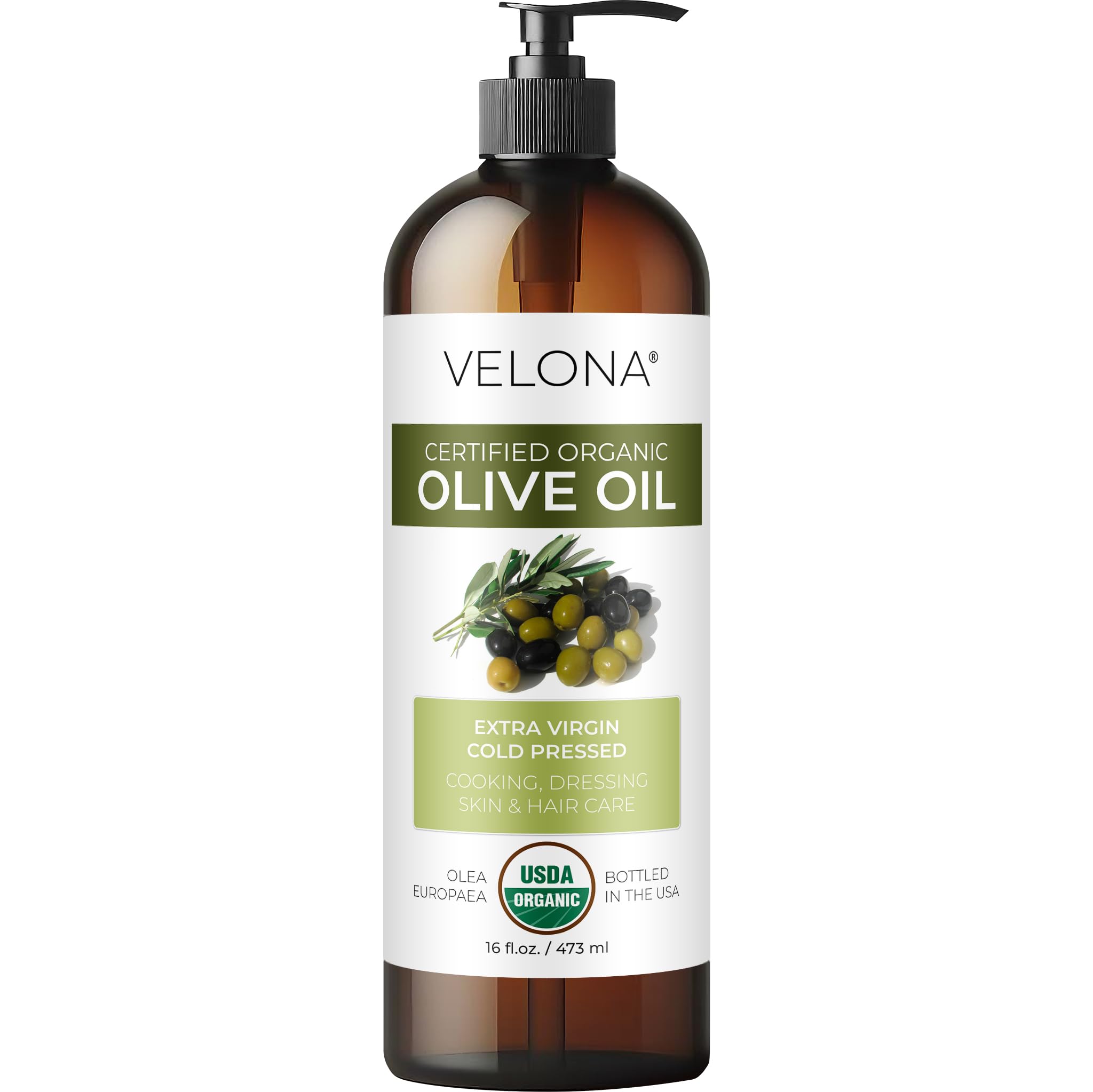velona USDA Certified Organic Olive Oil - 16 Fl Oz | 100% Pure and Natural Carrier Oil | Extra Virgin, Unrefined, Cold Pressed | Cooking, Dressing, Face, Hair, Body & Skin Care | Use Today - Enjoy Results 16oz