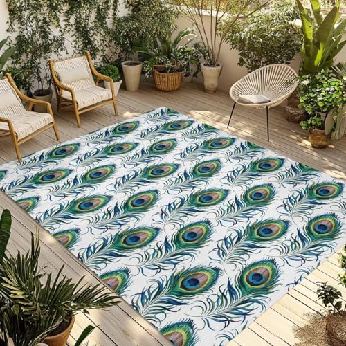 Outdoor Rug 6x9ft Abstract Peacock Feathers Large Patio Mats Bohemian