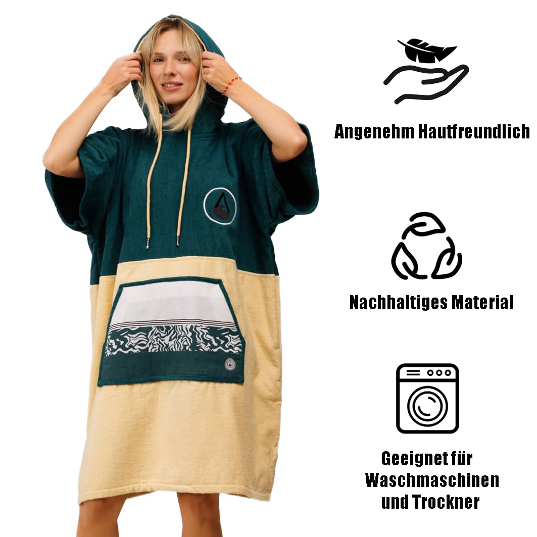 WAVE HAWAII Poncho Petrol Badeponcho 100% Baumwolle für Körpergrößen von 170-200 cm Umkleidehilfe für Schwimmen Strand Surfen Badetuch mit Kapuze Duschponcho für Damen Herren Erwachsene