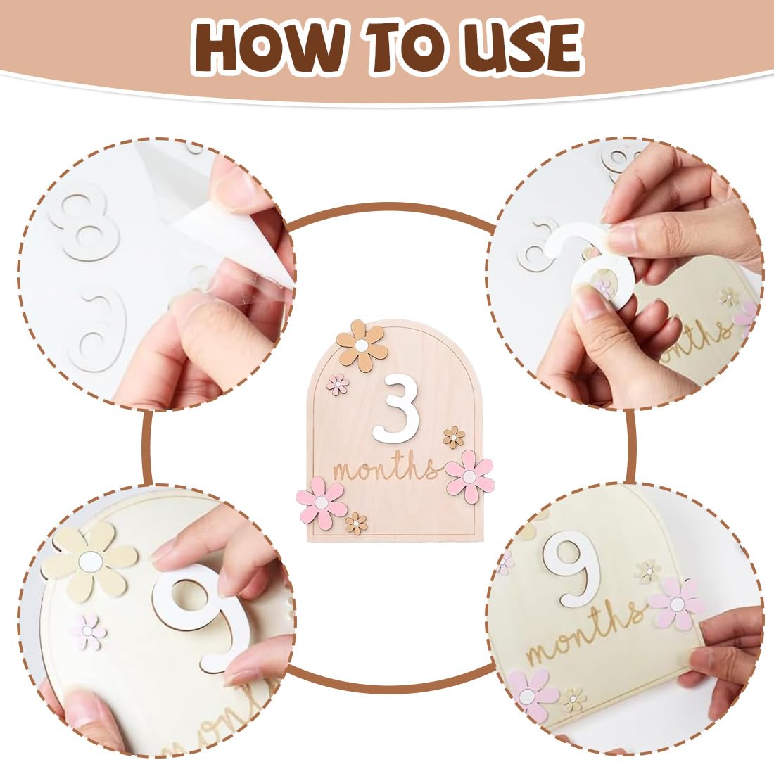 Étapes Bébé en Bois, 1 set Cartes Mensuelles Bebe, Fleur Carte Étape Bébé, Accessoires Photo pour Nourrissons de 0 à 12 Mois, Enregistrement de Croissance, Carte Mois par Mois