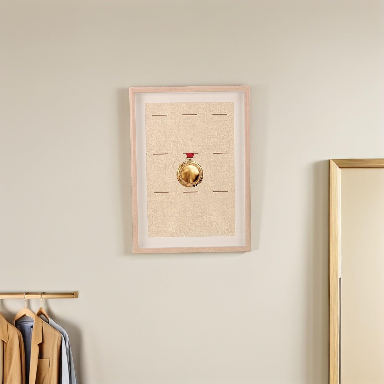 Beavorty Vitrina de Madera Beige para Medallas Deportivas y Placas Diseño Multicompartmento, Estuche Elegante para Exhibición y Almacenamiento Rápido en Casa U Oficina