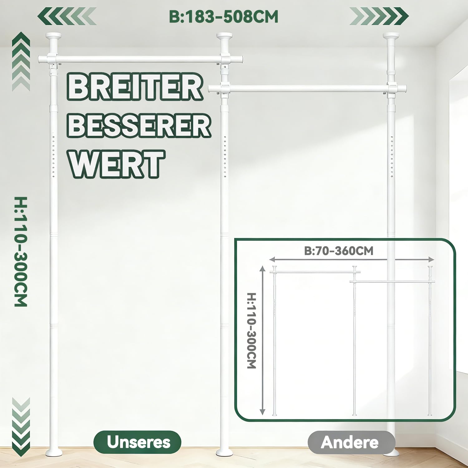 JILRON Divisore per stanze, asta tesa senza foratura per balcone, protezione da sguardi indiscreti e cabina armadio, regolabile (A110-300×L183-508cm), facile da installare, per inquilini, bianco