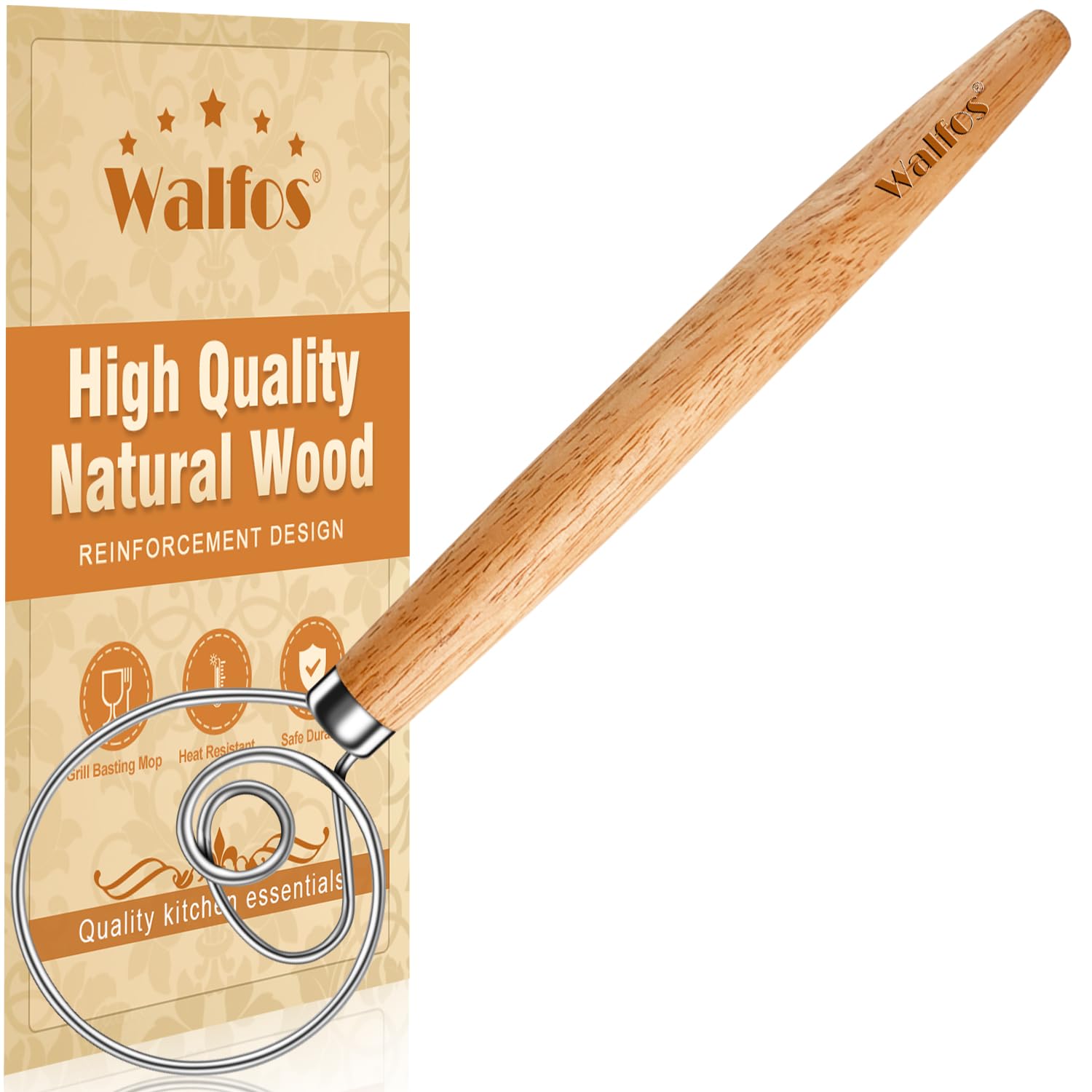 Walfos Dänischer Teigbesen aus Holz, Sauerteig-Mixer aus Holz mit Edelstahlring, Küchenhand-Brotquirlwerkzeug für Kuchen, Pizza, Gebäck, Kekse