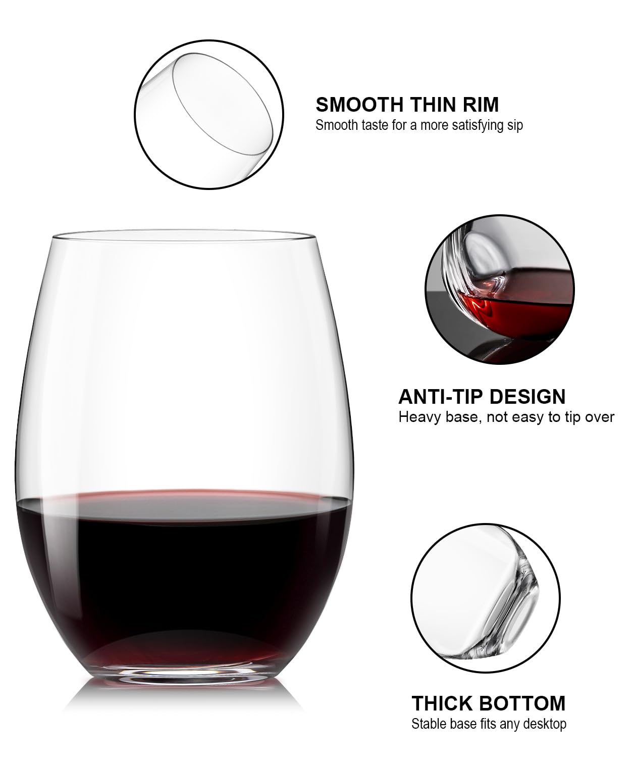 OJA Juego de 12 copas de vino sin tallo, copas de vino tinto y blanco de cristal de alta calidad, sin tallo, transparentes, 425.2 g, vaso resistente para uso diario, cumpleaños, boda, fiesta en casa,