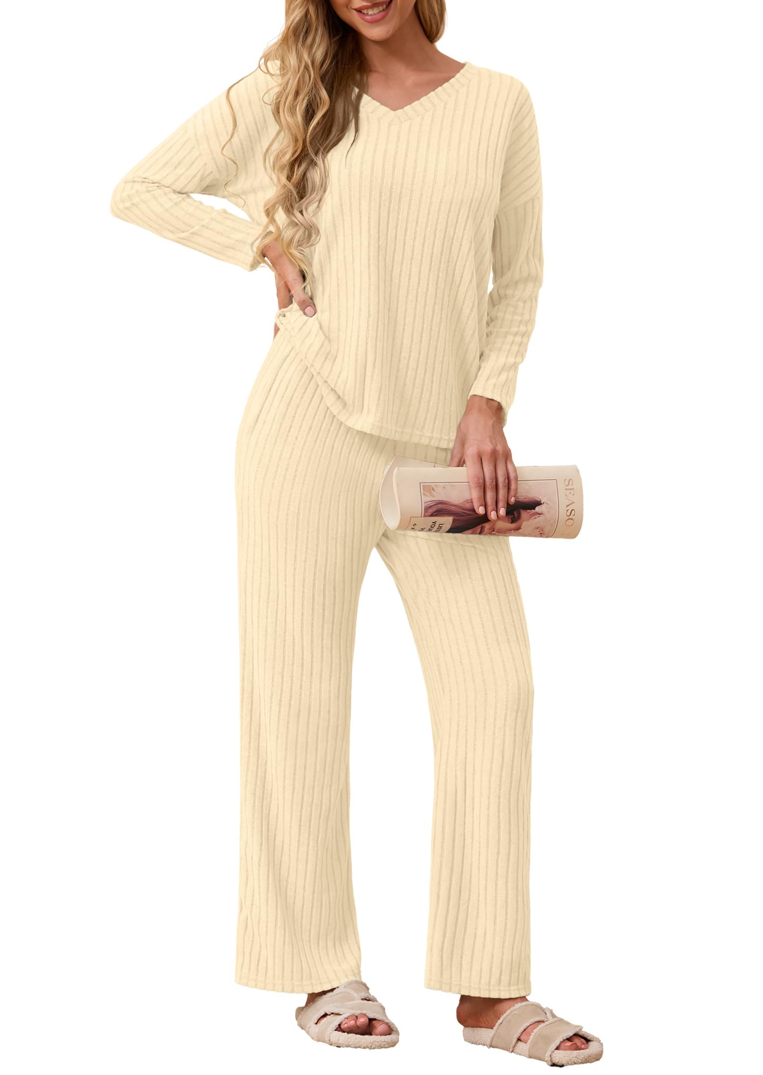 Pyjama 2 pièces femme en maille côtelée extensible ensemble homewear beige taille S - 7