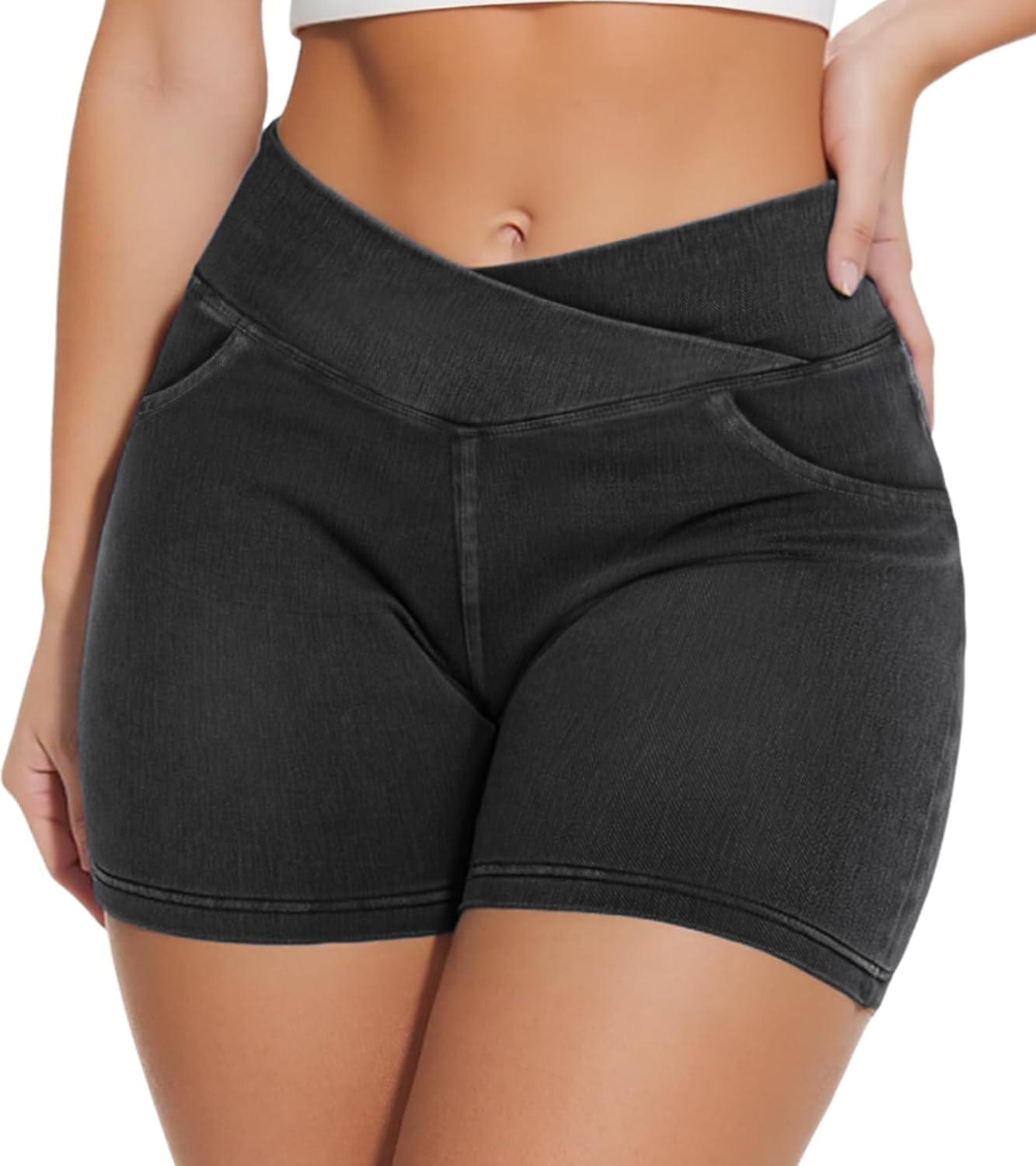 Women’s Stretchy Jean Shorts Crossover High Waisted Pull On Denim Shorts with Pockets