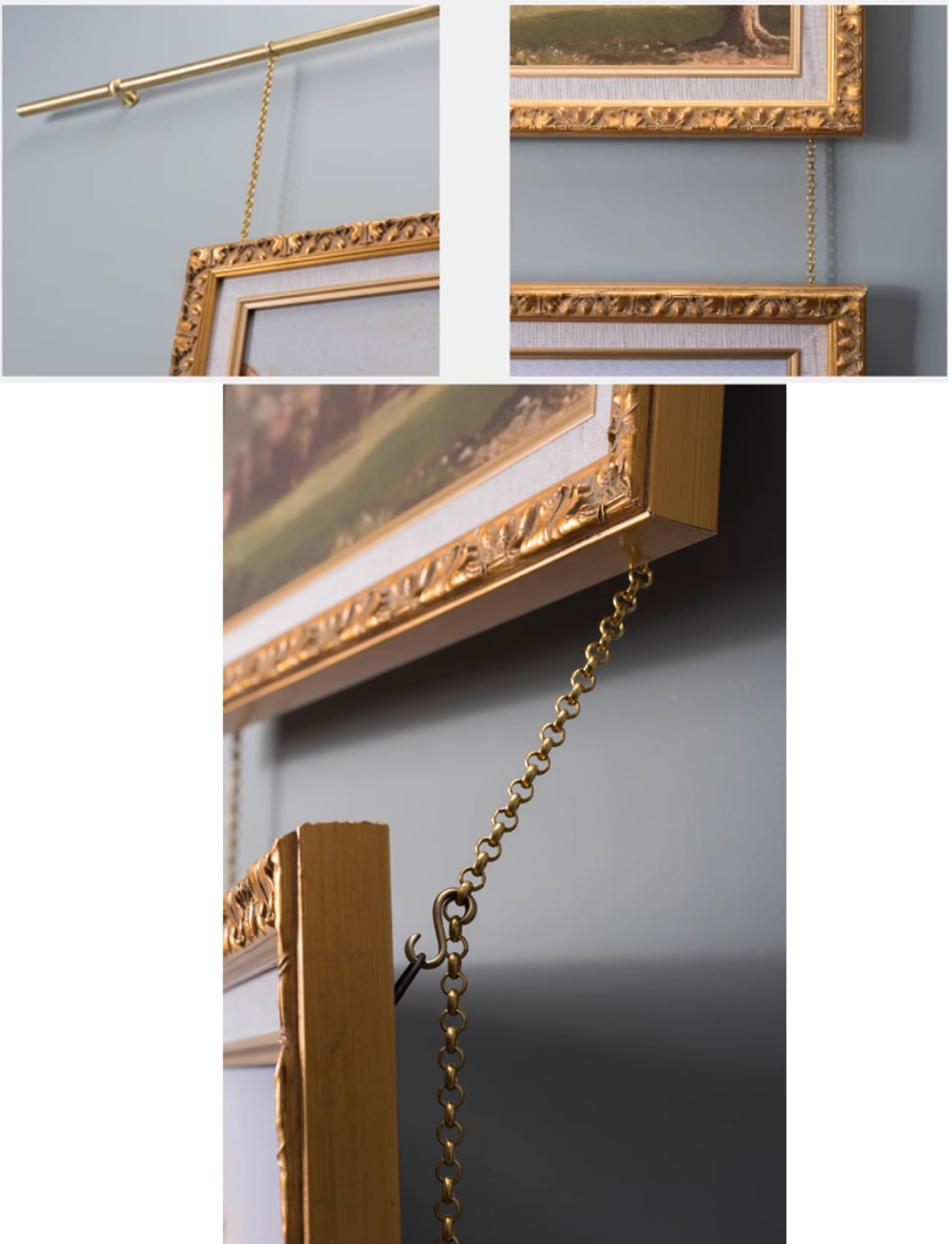 Sistema para colgar cuadros con ganchos y cadenas ajustables, pista de arte de pared de 190 cm para el hogar, galería, exhibiciones de museos e instalación de rieles de fotos