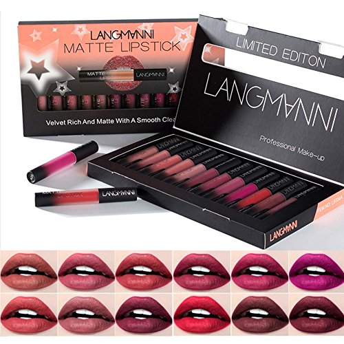 Preisvergleich Produktbild Lippenstift Matt Flüssig Lippenstift, 12 Stück Wasserdichte Langlebige Matte Flüssigkeit Lipgloss Lippenstift Kosmetik Make up